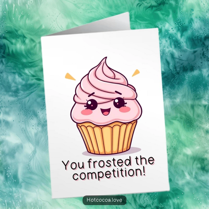 Funny Free Printable Congrats Card: A bewildered cupcake with frosting askew, humorously acknowledging unexpected successes, downloadable art.