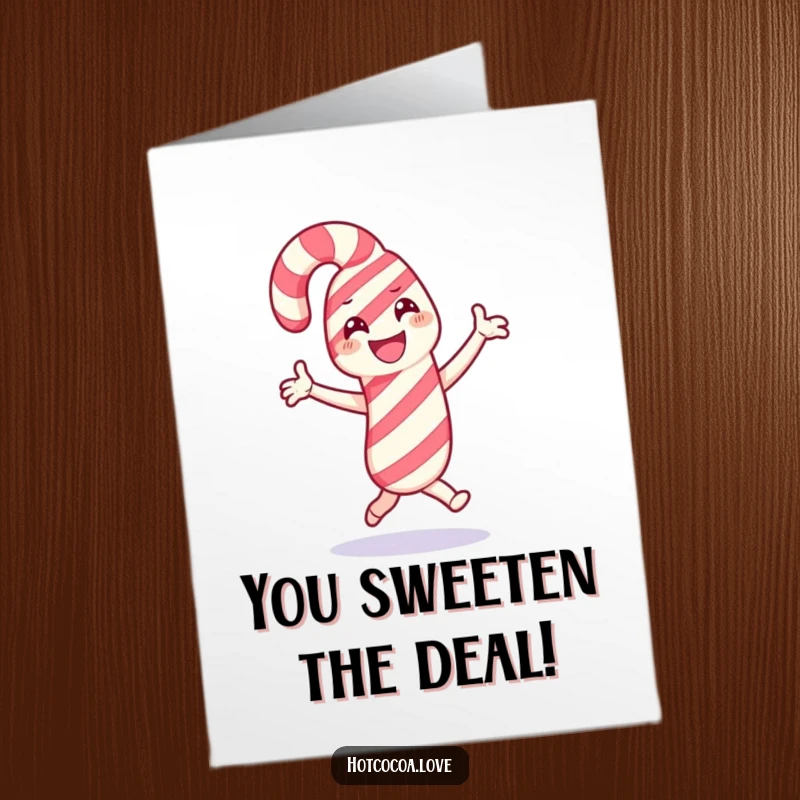 Funny Free Printable Congratulations Card: A smiling candy cane character performing a jubilant dance, perfect for celebrating successes with a downloadable design.