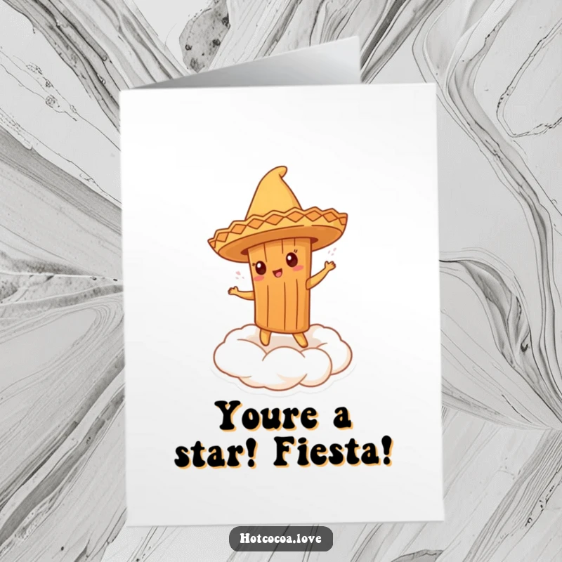 Funny Free Printable Congrats Card with a cinnamon stick character in a sombrero dancing merrily on a whipped cream cloud, celebrating achievements.