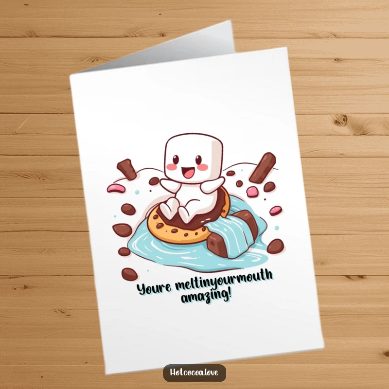 Funny Free Printable Congratulations Card: Happy marshmallow on a cookie sliding down hot chocolate, celebrating.