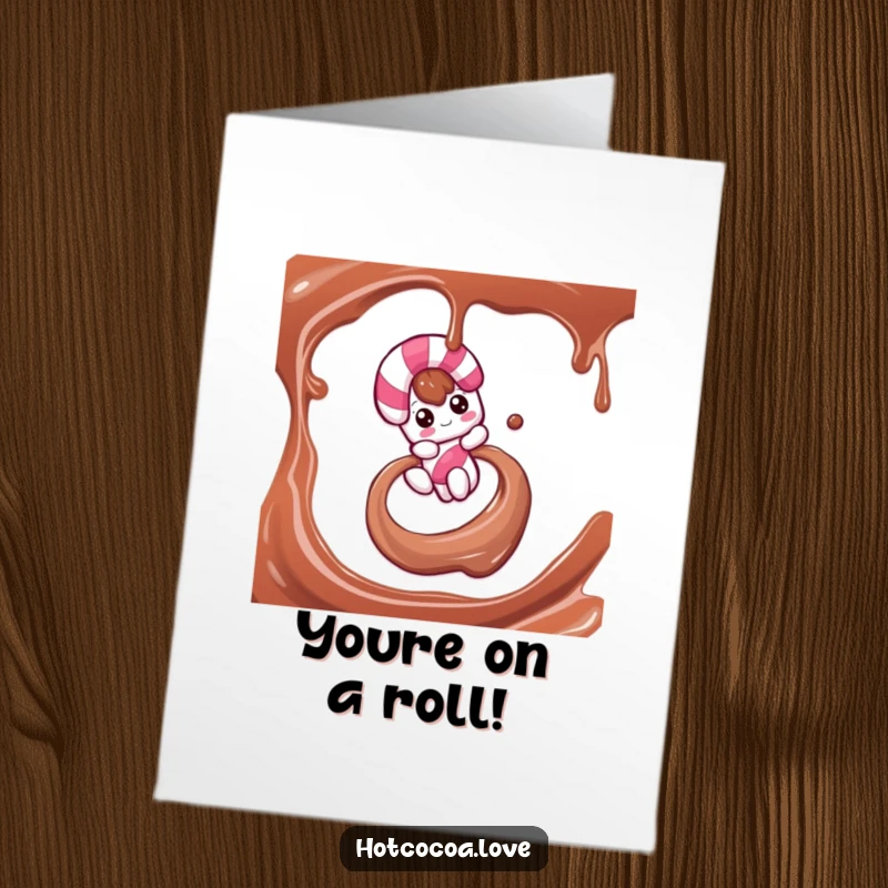 Funny Free Printable Congratulations Card featuring a candy cane character zipping down a chocolate syrup swirl, celebrating success with sugary excitement.