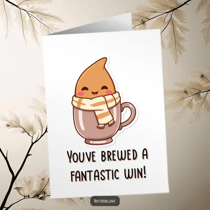 Funny Free Printable Congratulations Card: Smiling cocoa bean with scarf peeking from mug, cheering success.