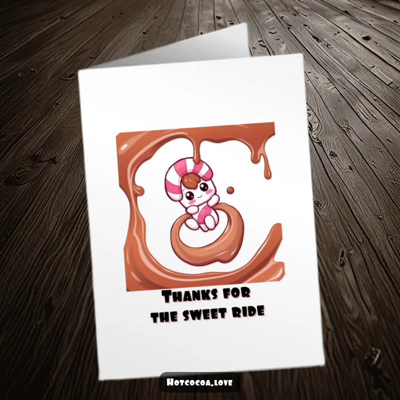 Funny Free Printable Thank You Card: a candy cane character slides down chocolate syrup, expressing thanks with playful sweetness.