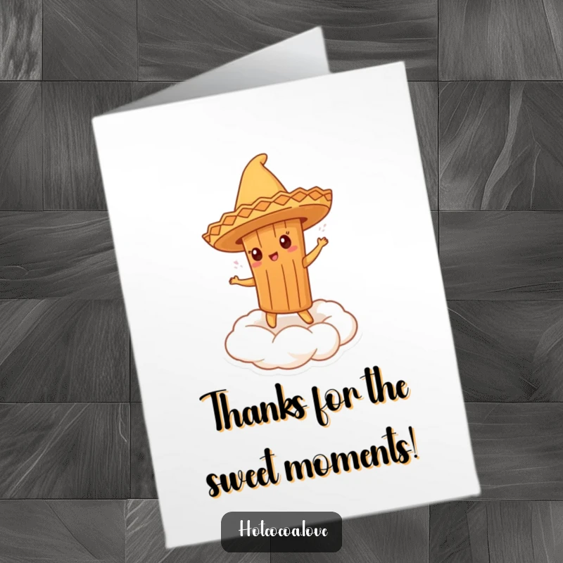 Funny Free Printable Thank You Card showing a cinnamon stick character in a tiny sombrero dancing on whipped cream, offering thanks with flair.