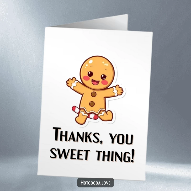Funny free printable thank you card depicting a gleeful gingerbread cookie character dancing with abandon on a candy cane.