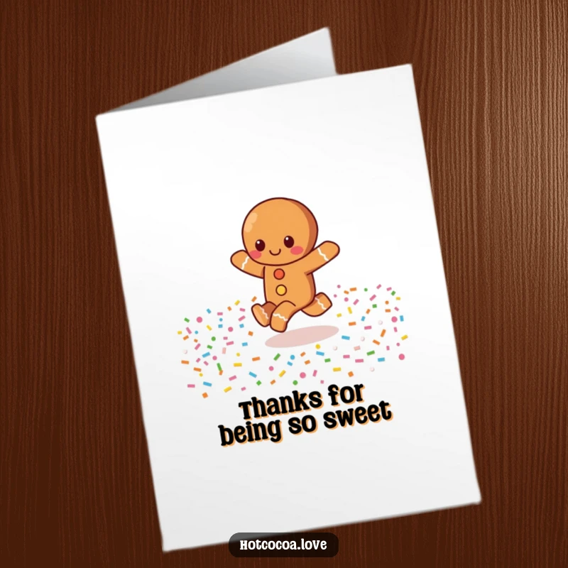 Funny Free Printable Thank You Card: a gingerbread character skips through sprinkles, sending thanks with sweet, playful celebration.