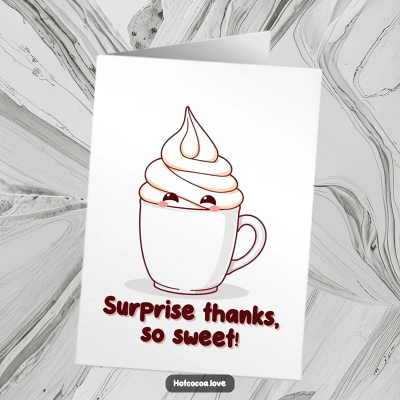 Funny Free Printable Thank You Card: A mischievous whip cream character hides behind a mug, delivering a delightful and funny thank you.