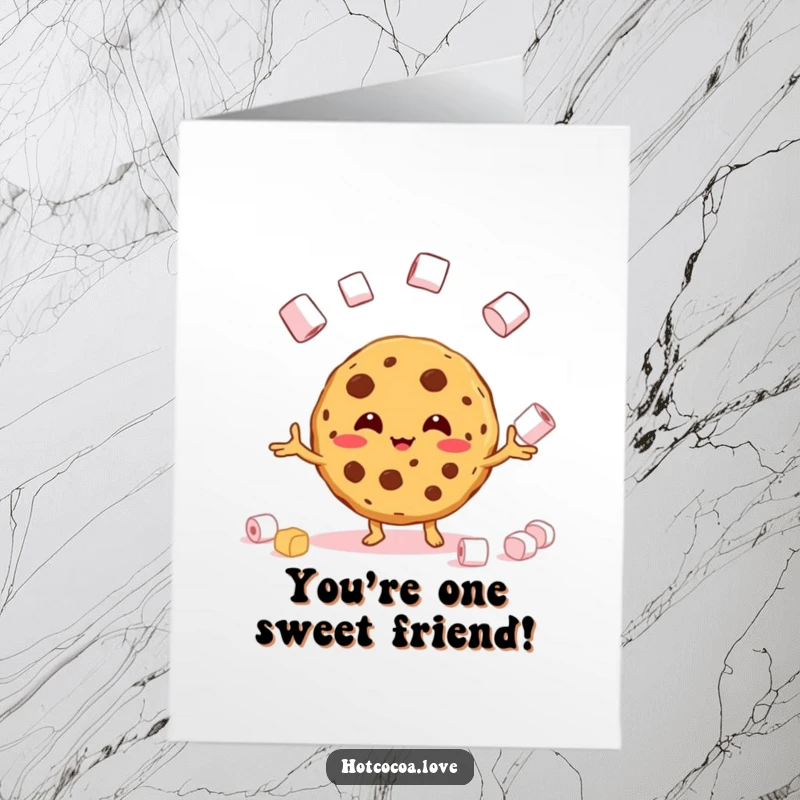Funny Free Printable Thank You Card: A beaming cookie character juggles marshmallows, adding a sweet and humorous touch to your thanks.