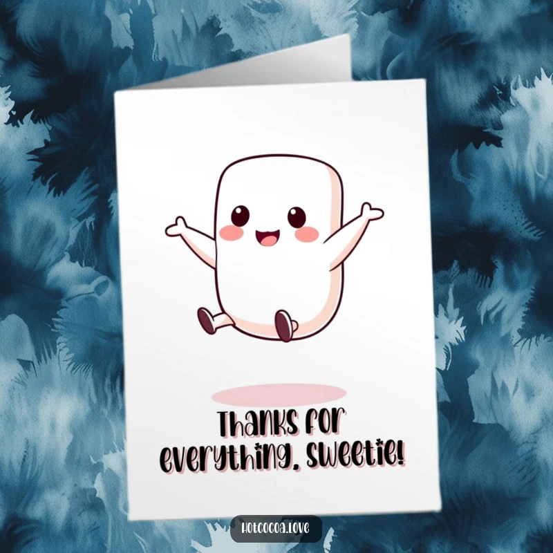 Funny Free Printable Thank You Card: A cute marshmallow character performing a joyful cartwheel, perfect for conveying thanks with a downloadable, playful message.