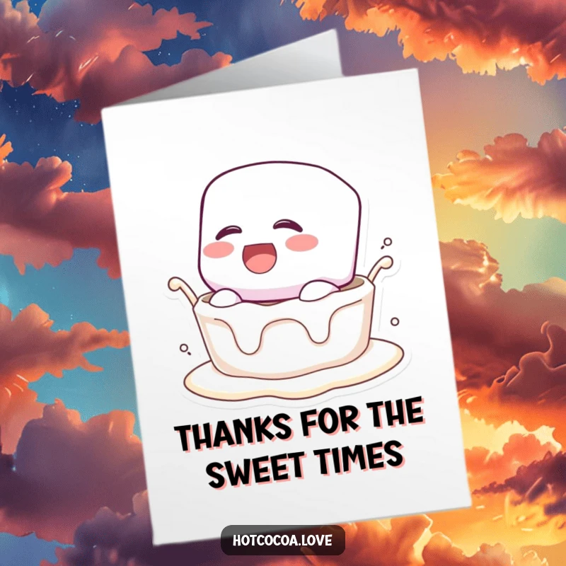 Funny Free Printable Thank You Card: a giggling marshmallow character enjoys a creamy dunk, expressing thanks with a humorous twist.