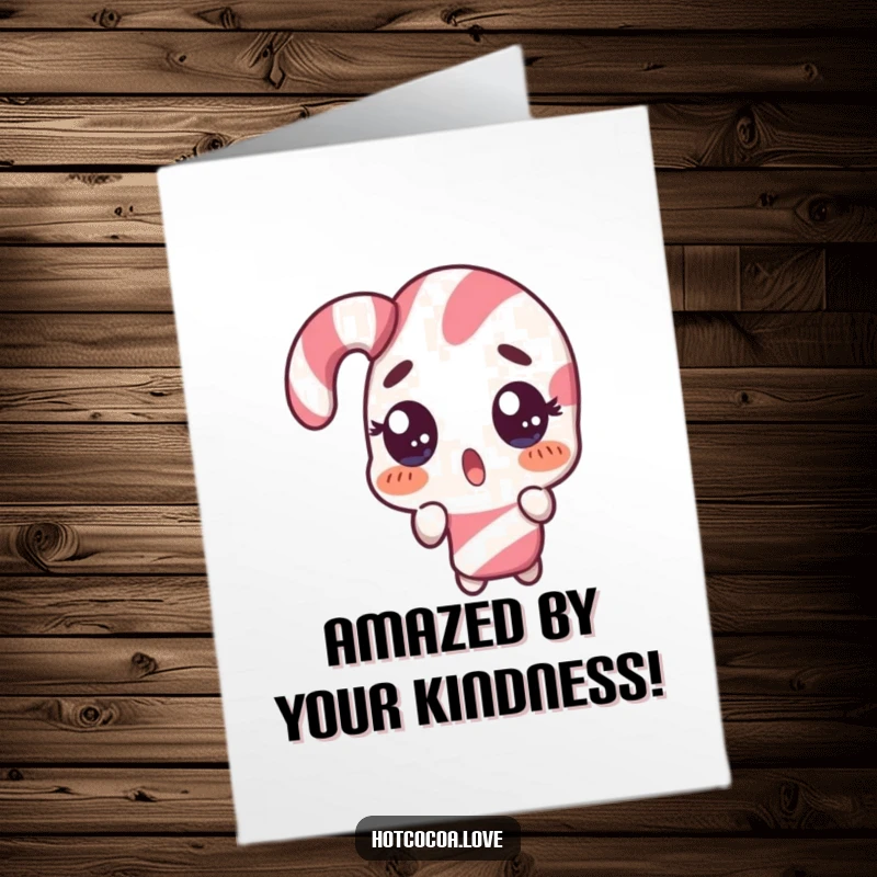 Funny Free Printable Thank You Card: A surprised candy cane character does a comical double take, expressing unexpected thanks with humor.