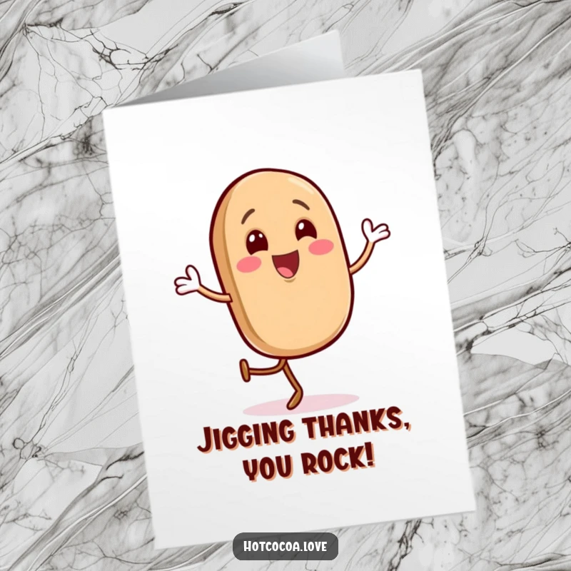 Funny Free Printable Thank You Card: A gleeful coffee bean character does a happy jig, offering a spirited and funny thank you.
