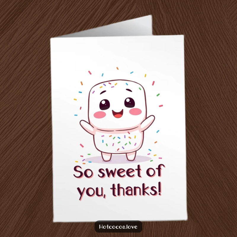 Funny Free Printable Thank You Card: Smiling marshmallow character juggling colorful sprinkles, expressing sweet gratitude, cute downloadable.