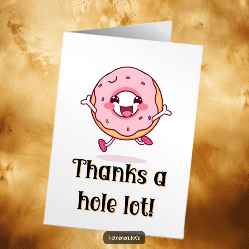 Funny Free Printable Thank You Card: A happy doughnut character joyfully jumping as a sweet way to say thank you.