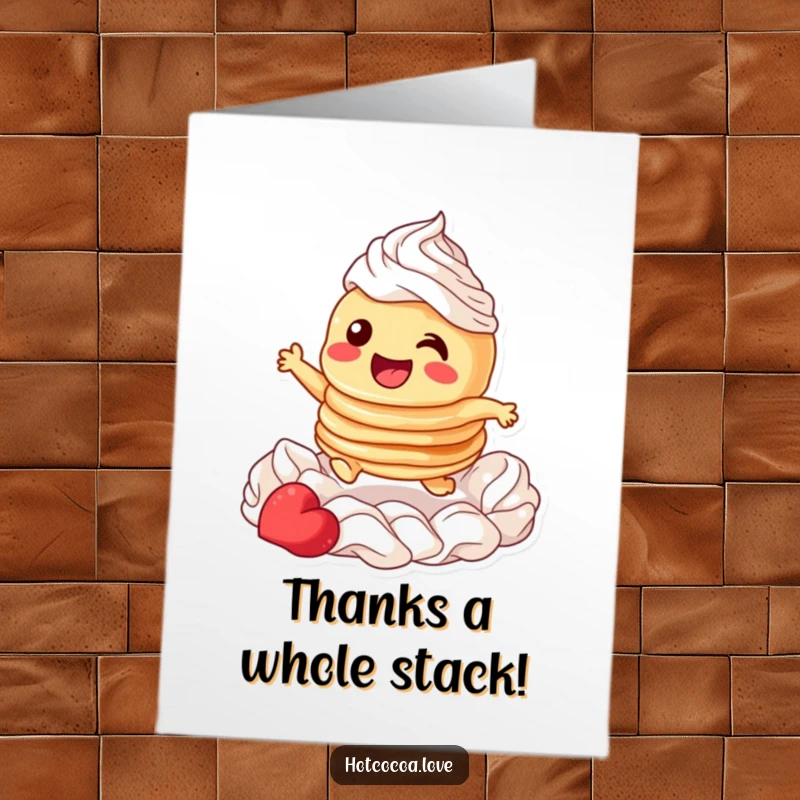 Funny free printable thank you card featuring a giggling stack of pancakes performing a cheerful leap through whipped cream.