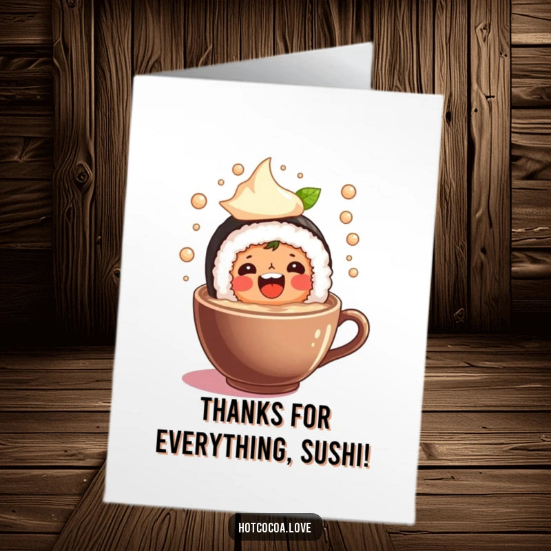 Funny free printable thank you card with a cheerful sushi roll character splashing playfully in a mug of cocoa.