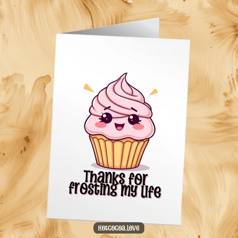 Funny Free Printable Thank You Card: A bewildered cupcake with frosting askew, humorously expressing thanks for help, downloadable art.