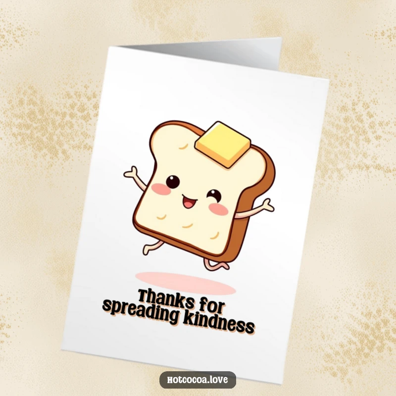 Funny Free Printable Thank You Card: Giggling toast with legs and a butter pat dancing, expressing thanks.
