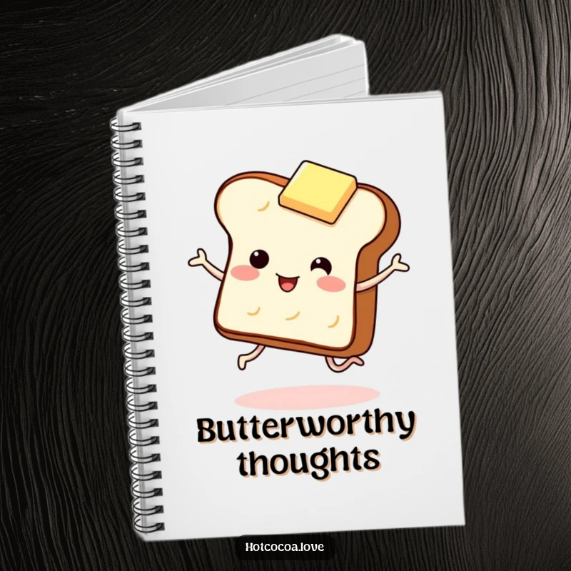 Funny notebook with a giggling piece of toast with legs dancing with a butter pat on the cover. Humorous journal.