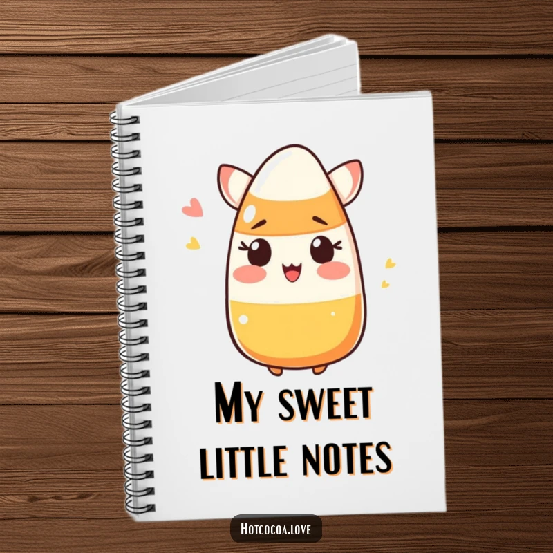 Funny blushing candy corn winking, featured on a humorous notebook cover for jotting down sweet Halloween ideas.