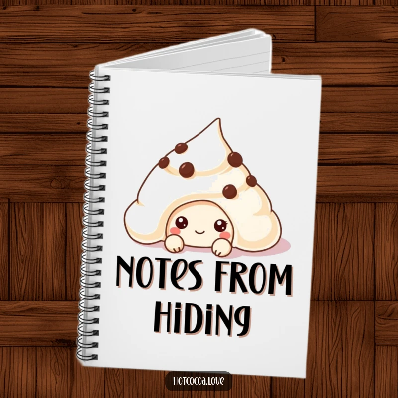 Funny chocolate chip cookie peeking from cream on a notebook, perfect for jotting down sweet thoughts and ideas.