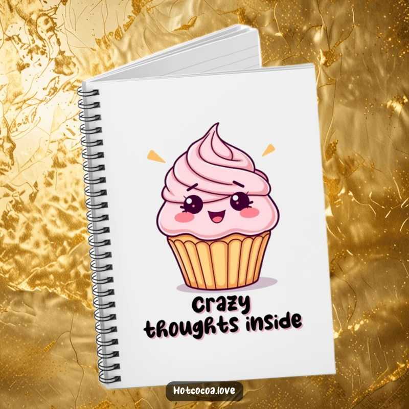 Funny bewildered cupcake with askew frosting, featured on a humorous notebook cover for jotting down sweet dessert ideas.