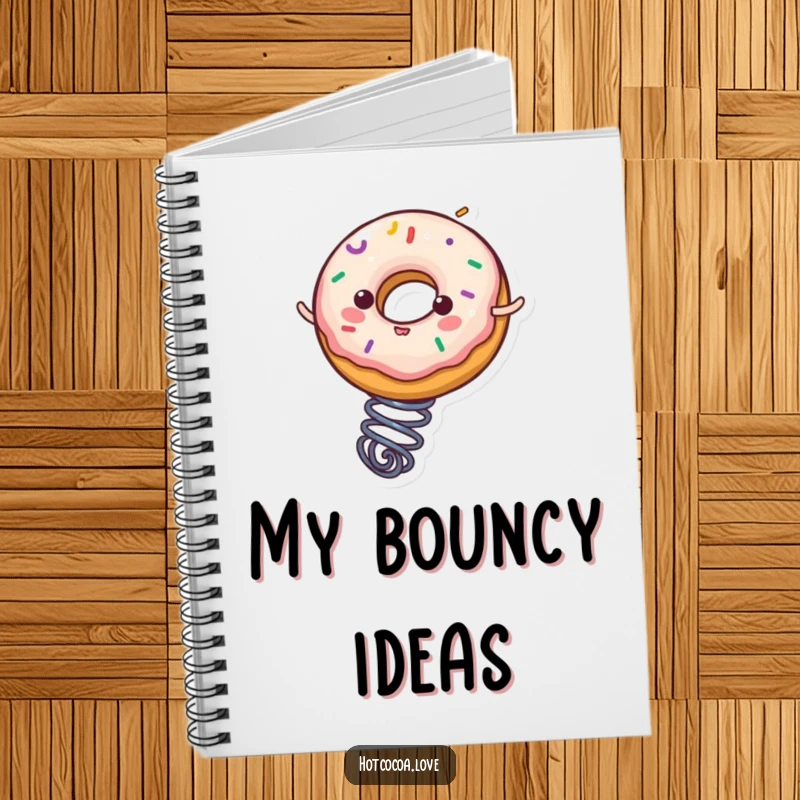 Funny donut character with sprinkles bouncing on a spring, on the cover of a notebook, making it a humorous writing tool.