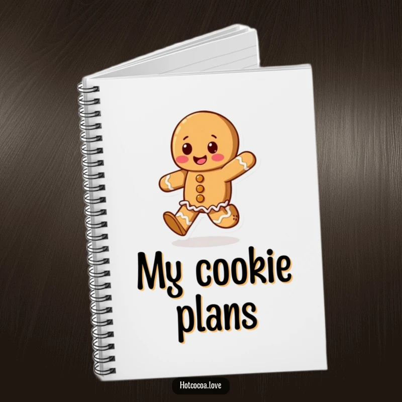 Funny notebook featuring a cheerful gingerbread cookie character skipping, perfect for jotting down notes with a touch of holiday fun.