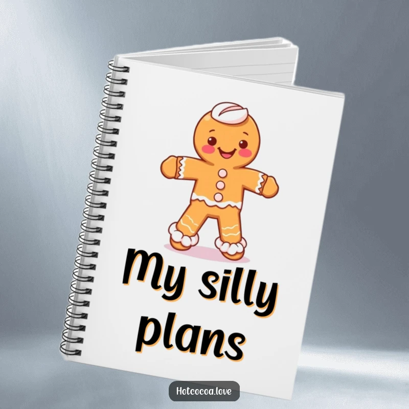 Funny notebook cover with a gingerbread man character dancing silly, featuring whipped cream legs, inspiring fun creativity.