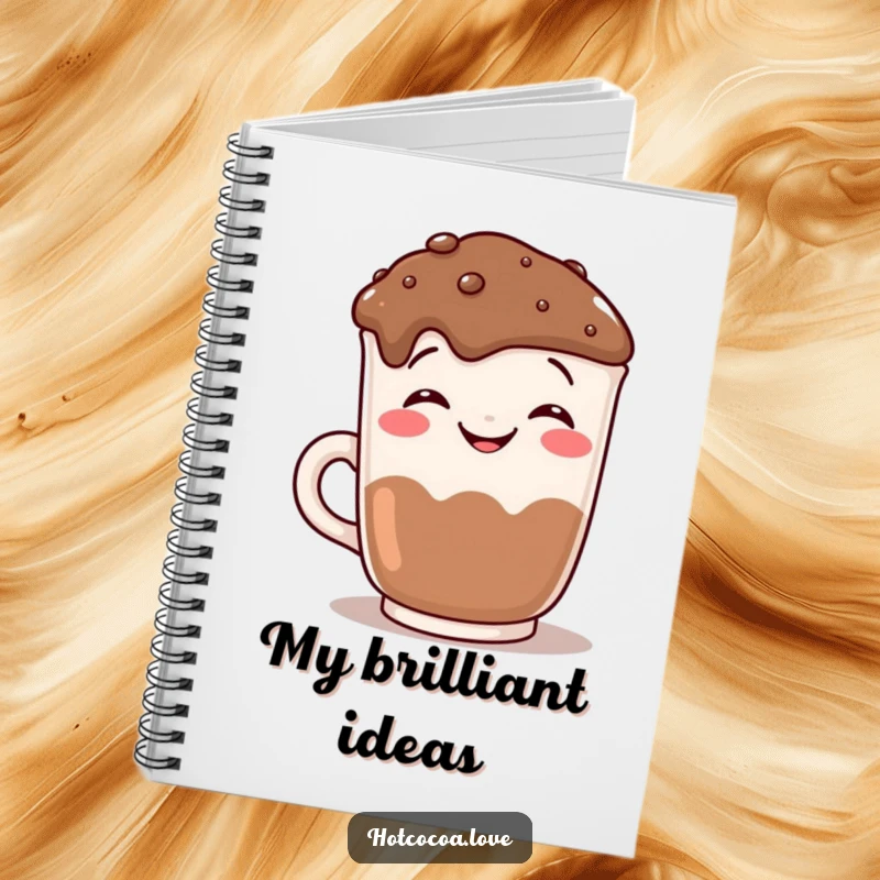 Funny grinning hot chocolate mug mugging for the camera, featured on a humorous notebook cover for jotting down sweet ideas.