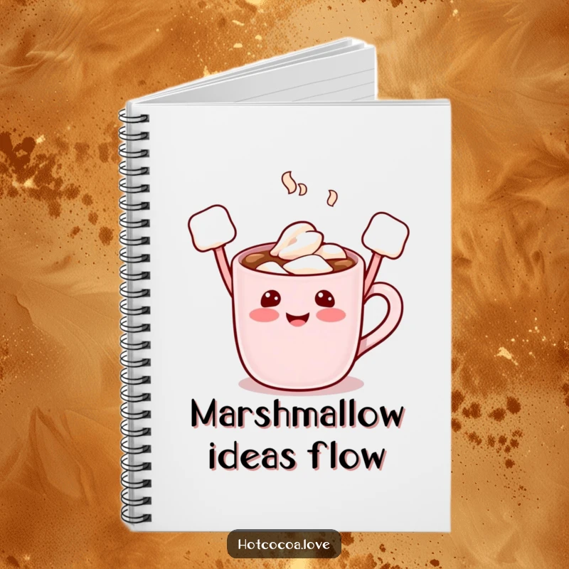Funny notebook with a hot cocoa mug character, marshmallow arms raised, ready to inspire note-taking and creative ideas.