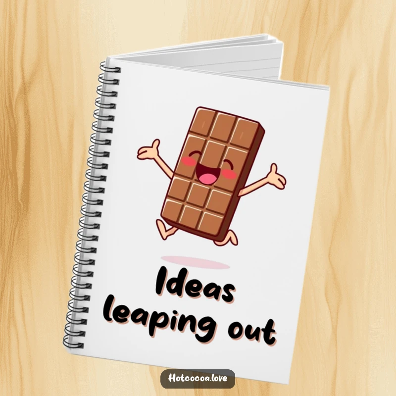 Funny notebook with a jolly chocolate bar character jumping for joy, perfect for notes with a cheerful vibe.