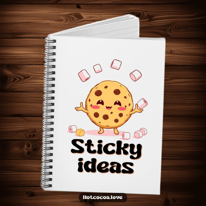 Funny notebook cover displaying a beaming cookie character attempting to juggle marshmallows for notes.