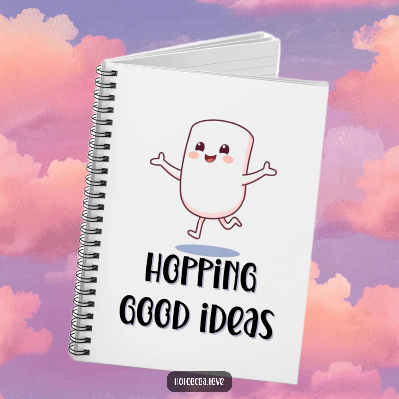 Funny notebook with a smiling marshmallow character hopping excitedly with arms outstretched on the cover. Sweet journal.
