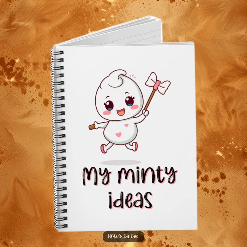 Funny mint candy character with a stick performing a silly hop, on the cover of a notebook, making it a humorous writing tool.