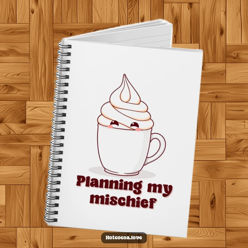 Funny notebook with a mischievous whipped cream character hiding, perfect for notes with a playful vibe.
