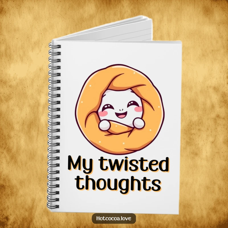 Funny pretzel character playfully twisting into a knot with a grin, on the cover of a notebook, making it a humorous writing tool.