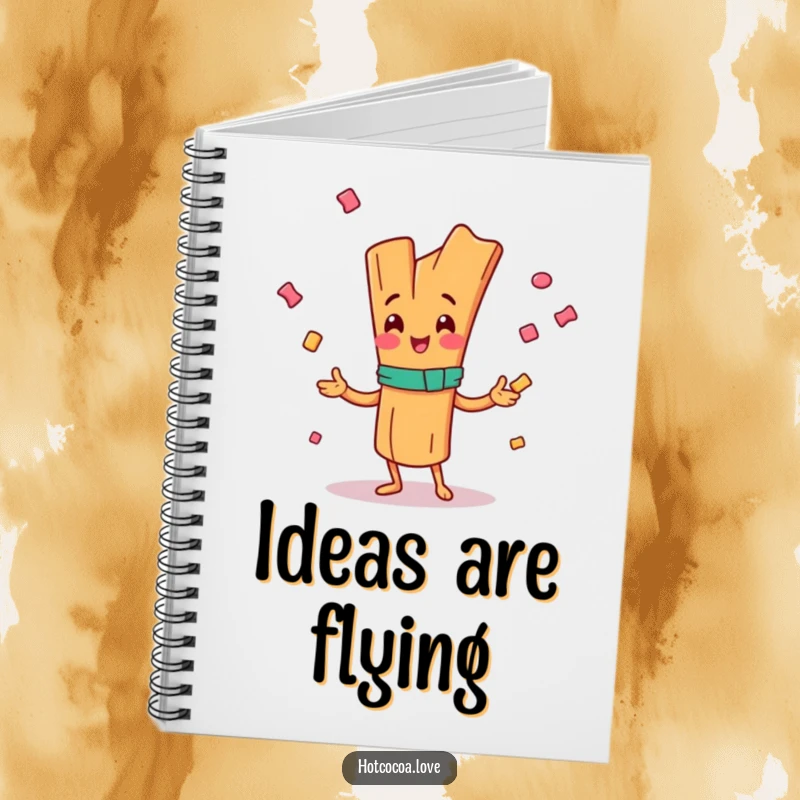 Funny notebook with a happy cinnamon stick character juggling candy, perfect for notes with a cheerful vibe.