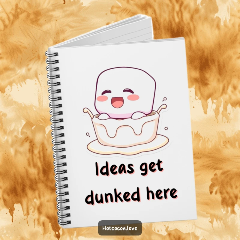 Funny notebook featuring a laughing marshmallow character being dunked into creamy liquid, ideal for capturing thoughts with humor.