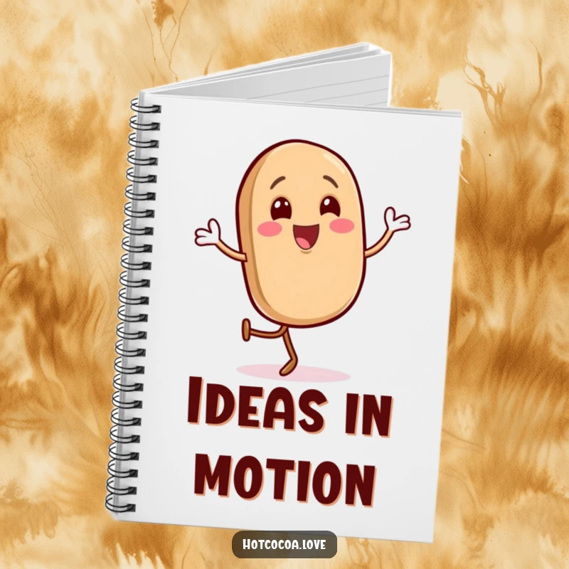 Funny notebook with a gleeful coffee bean character doing a happy jig, perfect for notes with an energetic vibe.