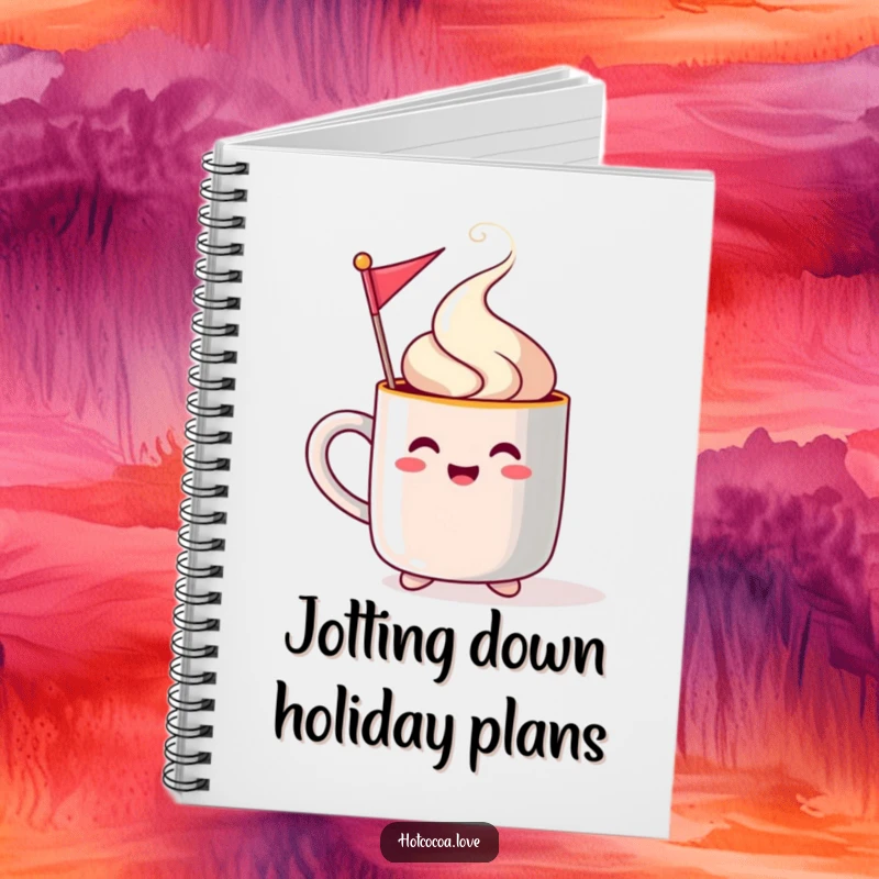 Funny steaming mug character waving a festive flag on a notebook, ideal for jotting down holiday plans and ideas.