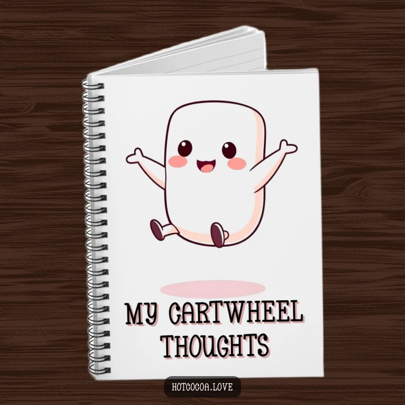 Funny notebook featuring a cute marshmallow character doing a cartwheel, perfect for jotting down notes with a burst of playful energy.