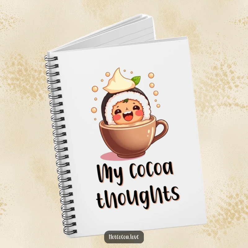 Funny notebook with a beaming sushi roll character joyfully splashing in a cup of hot cocoa, perfect for capturing creative thoughts.