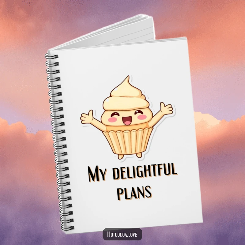 Funny notebook featuring a delighted cupcake character with arms spread wide, perfect for jotting down notes with a burst of joy.