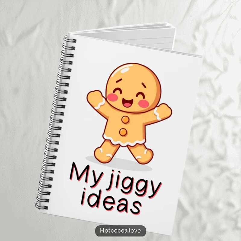 Funny delighted gingerbread person doing a happy jig, on the cover of a notebook, making it a humorous writing tool.