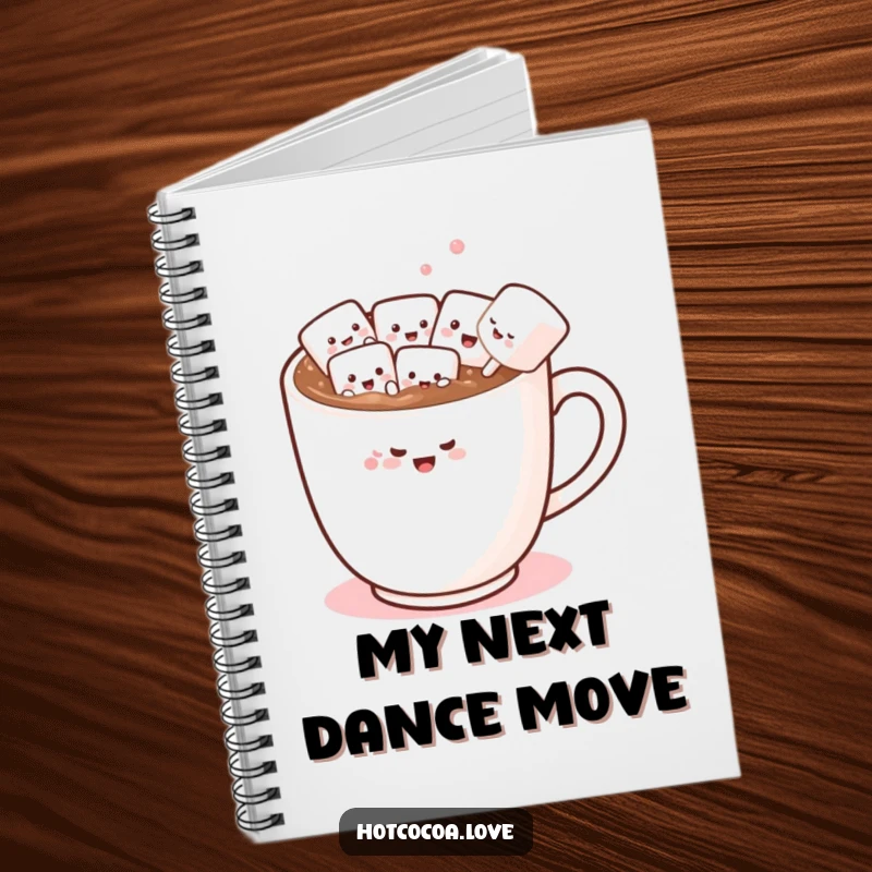 Funny notebook cover with a hot chocolate mug and marshmallow friends conga dancing, inspiring fun and creativity.