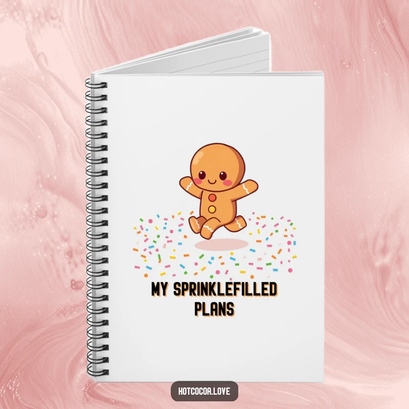Funny notebook featuring a happy gingerbread character skipping through a field of sprinkles, ideal for writing sweet thoughts.