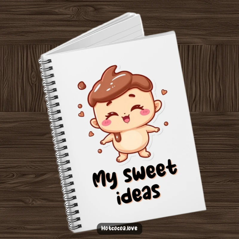 Funny notebook with a playful anthropomorphic hot chocolate character winking, perfect for jotting down thoughts and ideas.