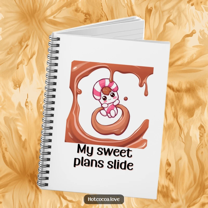 Funny notebook featuring a candy cane character sliding down a chocolate syrup swirl, ideal for writing holiday thoughts with cheer.