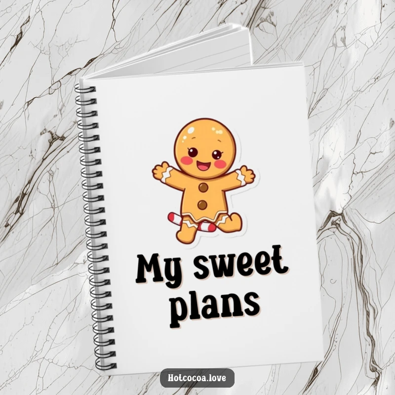 Funny notebook with a delighted gingerbread cookie character excitedly dancing on a candy cane, perfect for jotting down holiday cheer.